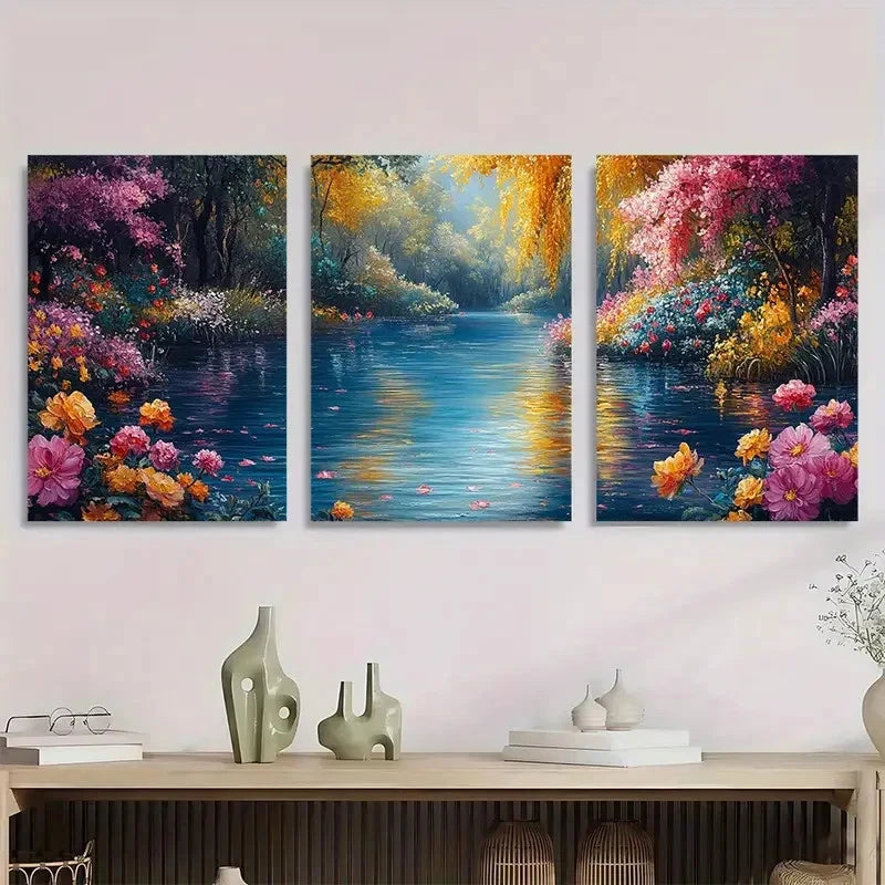 3pcs Floral River Nature Flower Perfect Wall Art Set Canvas Framed 40x60cm - High Quality Print 100% Australian Made Wall Canvas Ready to Hang