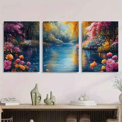 3pcs Floral River Nature Flower Perfect Wall Art Set Canvas Framed 40x60cm - High Quality Print 100% Australian Made Wall Canvas Ready to Hang