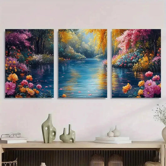 3pcs Floral River Nature Flower Perfect Wall Art Set Canvas Framed 40x60cm - High Quality Print 100% Australian Made Wall Canvas Ready to Hang