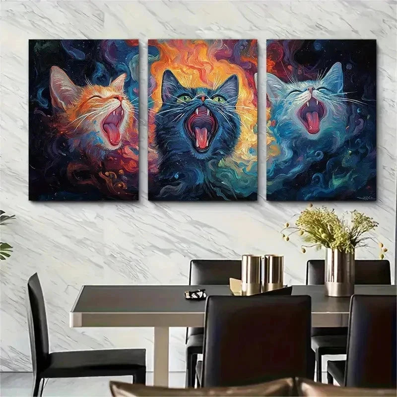 3pcs Three Cats Wall Art Set Canvas Framed 50x70cm - High Quality Print 100% Australian Made Wall Canvas Ready to Hang