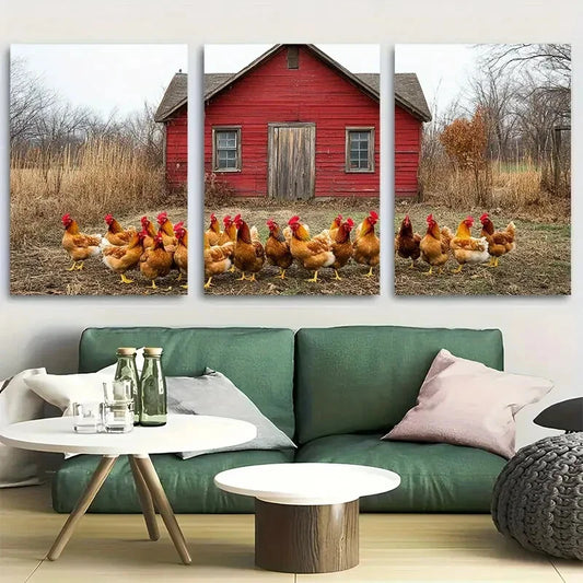 3pcs Group Of Chickens Roaming On Farm Ground Metal Print Ready to Hang Art
