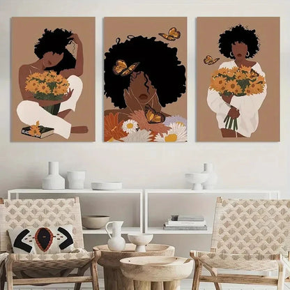 3pcs Boho Black Girl Sunflower Posters Painting Metal Print Ready to Hang Art