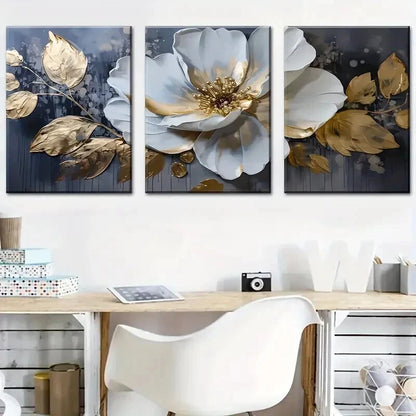 3pcs Large White Flowers and Golden Leaves Wall Art Set Canvas Framed 40x60cm - High Quality Print 100% Australian Made Wall Canvas Ready to Hang