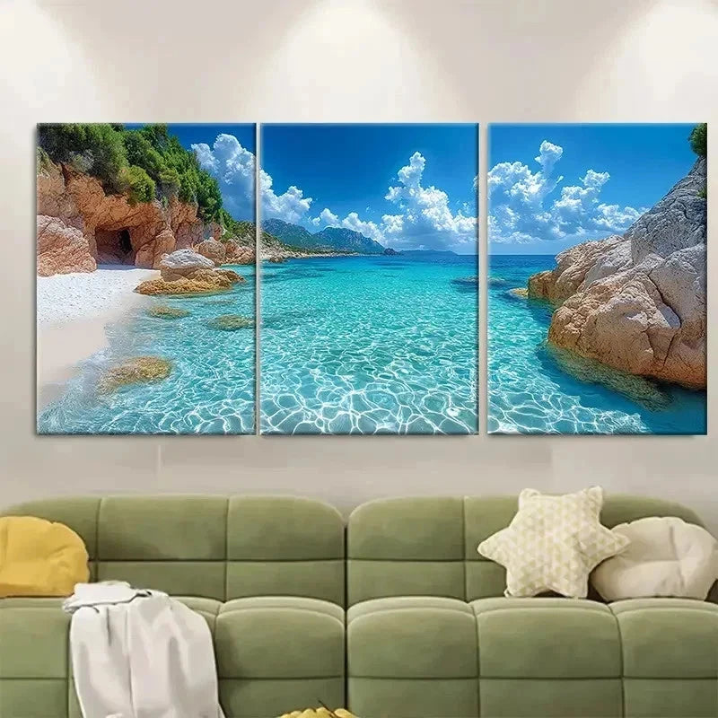 3pcs Clear Blue Tropical Beach TI Wall Art Set Canvas Framed 40x60cm - High Quality Print 100% Australian Made Wall Canvas Ready to Hang