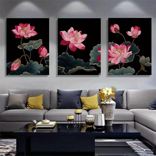 3pcs Embroidered for Lotus Elegant Pink Flower Metal Print Ready to Hang Art