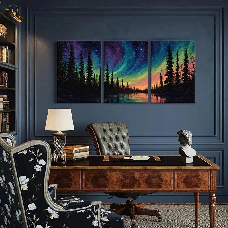 3pcs Northern Lights Forest Silhouette Aurora Metal Print Ready to Hang Art