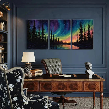 3pcs Northern Lights Forest Silhouette Aurora Metal Print Ready to Hang Art