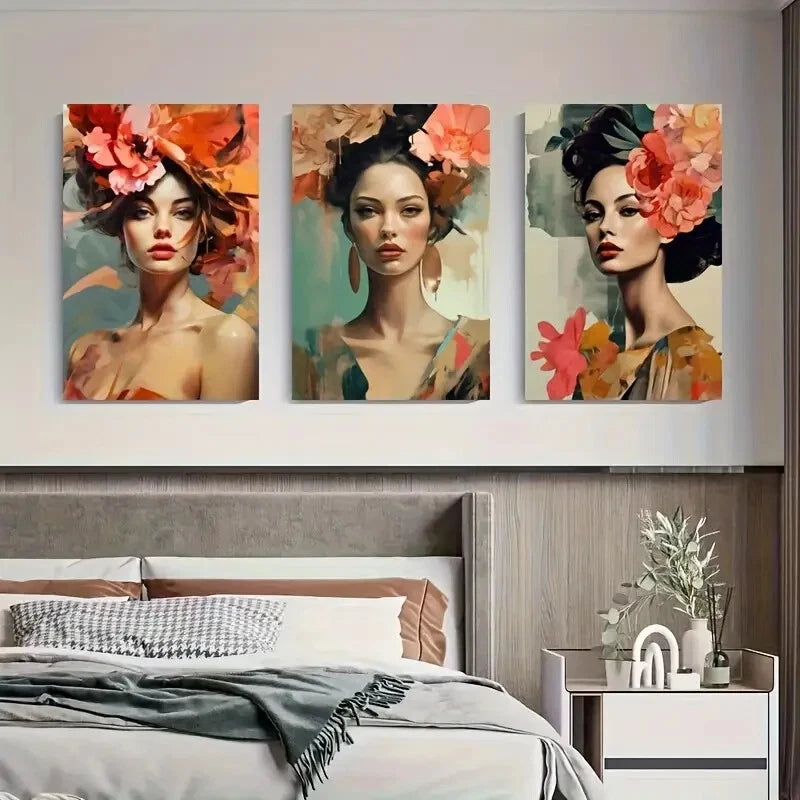 3pcs Floral Headpieces with Beautiful Women Metal Print Ready to Hang Art