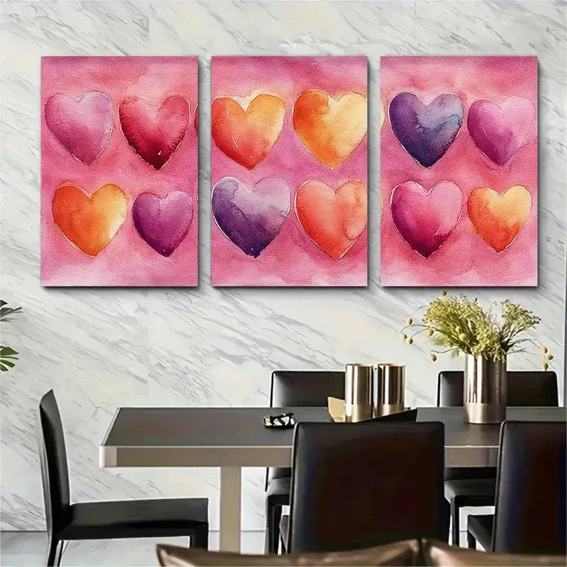 3pcs Whimsical Pink Watercolor Rainbow Hearts Metal Print Ready to Hang Art