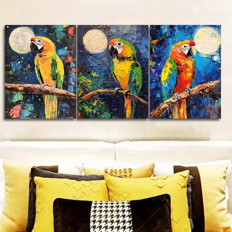 3pcs Colorful Parrot Trio Nature Moon Metal Print Ready to Hang Art