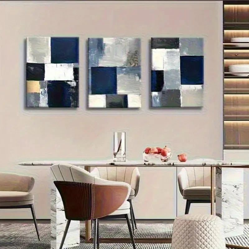 3pcs Navy Blue & White Textured Oil Paints Metal Print Ready to Hang Art