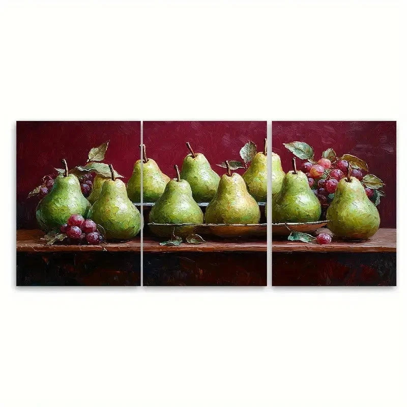 3pcs Life of Green Pears on a Maroon Background Wall Art Set Canvas Framed 40x60cm - High Quality Print 100% Australian Made Wall Canvas Ready to Hang