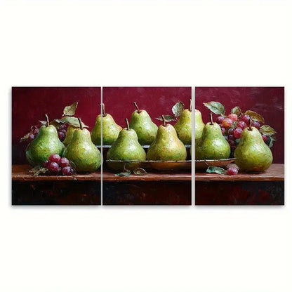 3pcs Life of Green Pears on a Maroon Background Wall Art Set Canvas Framed 40x60cm - High Quality Print 100% Australian Made Wall Canvas Ready to Hang