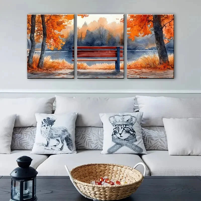 3pcs Watercolor Autumn Park Bench Scene Metal Print Ready to Hang Art