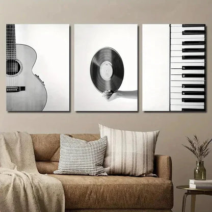 3pcs Black and White Guitar Vinyl Record & Piano Wall Art Set Canvas Unframed - High Quality Print 100% Australian Made Wall Canvas