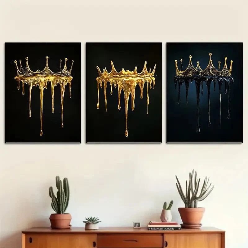 3pcs Melting Golden Crown on Black Background Metal Print Ready to Hang Art