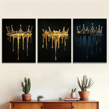 3pcs Melting Golden Crown on Black Background Metal Print Ready to Hang Art
