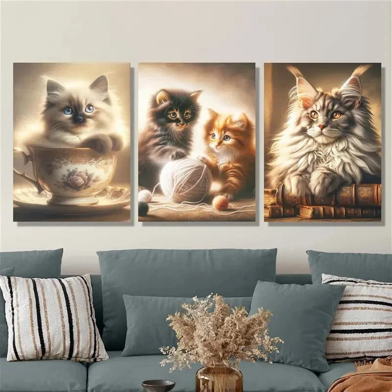 3pcs Cute Animal Cat Art Cat Murals Painting Metal Print Ready to Hang Art