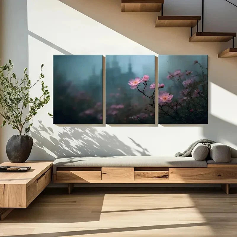 3pcs Fairy Tale Castle Pink Flowers Mysterious Metal Print Ready to Hang Art