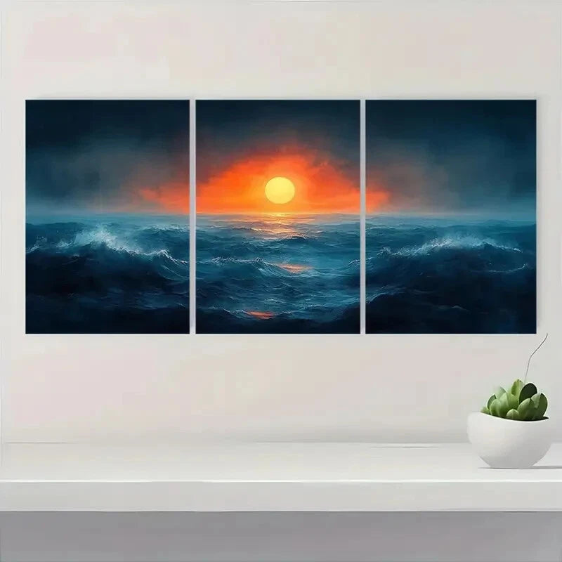 3pcs Abstract Ocean Sunrise Watercolor Sea Metal Print Ready to Hang Art