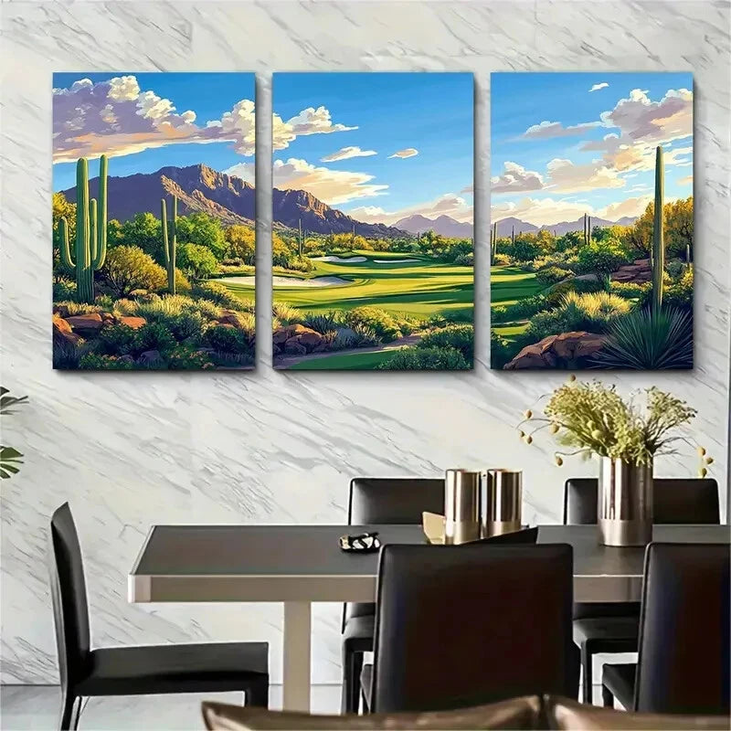 3pcs Vibrant Green Fairways & Cacti Metal Print Ready to Hang Art