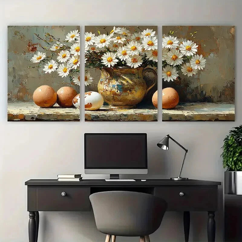 3pcs Daisy Flowers in a Pitcher with Eggshell Metal Print Ready to Hang Art