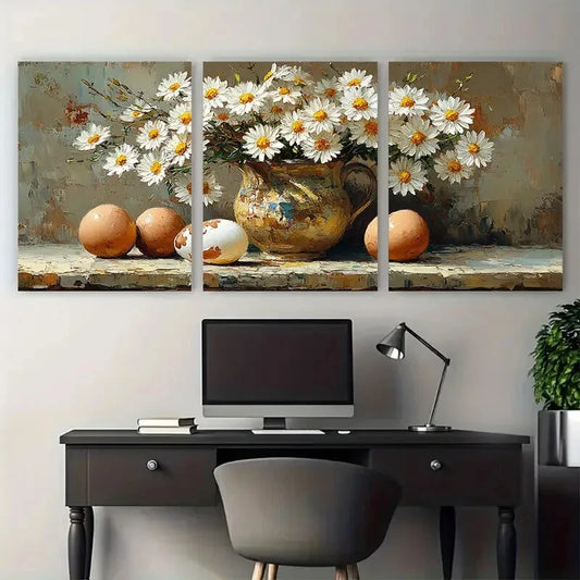 3pcs Daisy Flowers in a Pitcher with Eggshell Metal Print Ready to Hang Art