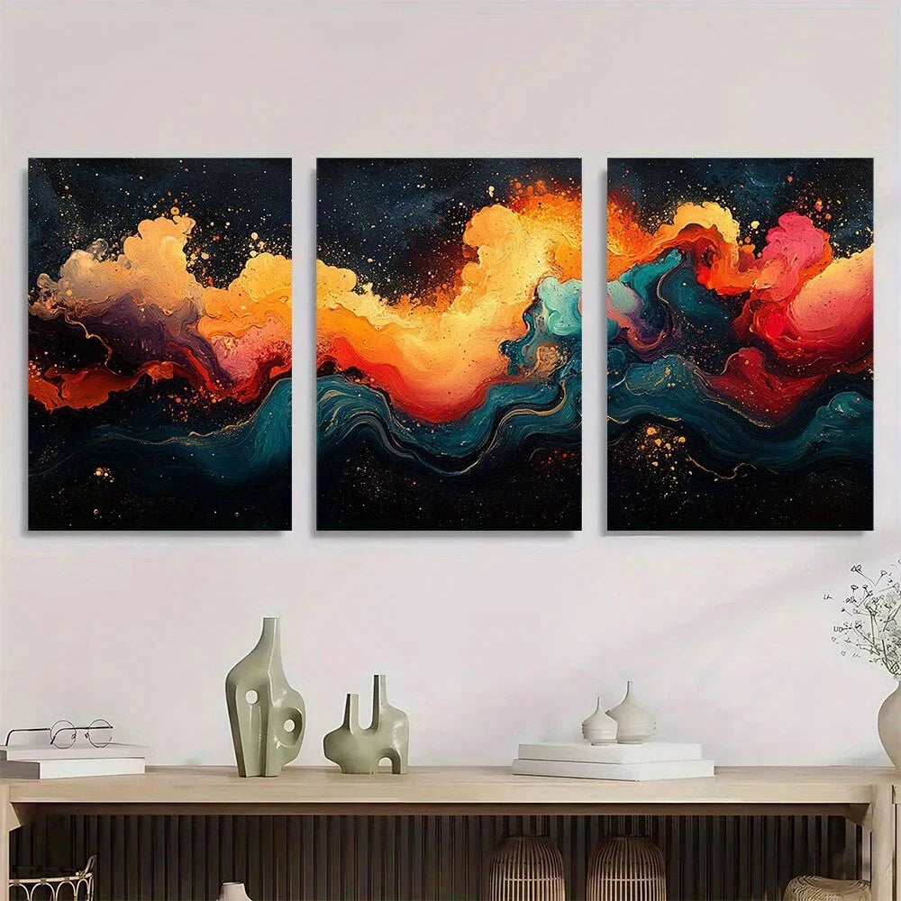 3pcs Abstract Colourful Painting Golden Blue Red Metal Print Ready to Hang Art