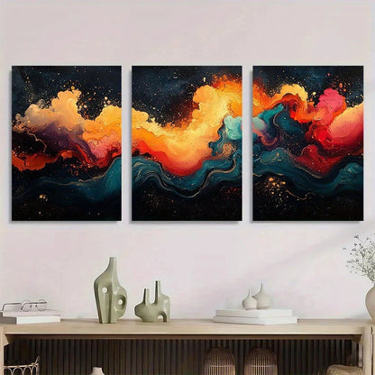 3pcs Abstract Colourful Painting Golden Blue Red Metal Print Ready to Hang Art