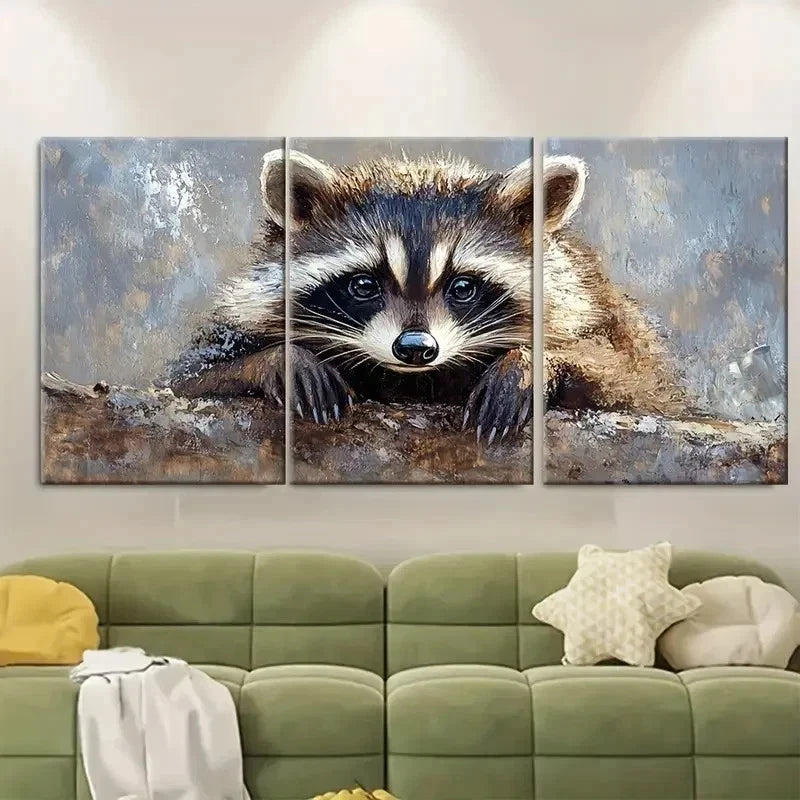 3pcs Raccoon Painting Animal SI  Wall Art Set Canvas Framed 50x70cm - High Quality Print 100% Australian Made Wall Canvas Ready to Hang