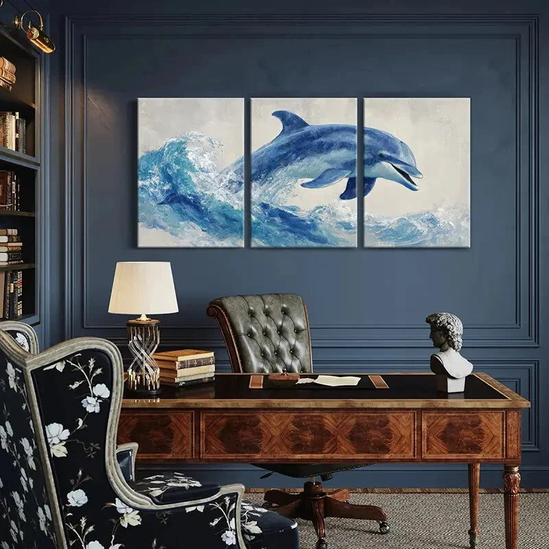 3pcs Artistic Dolphin Ocean Wave Coastal Theme Metal Print Ready to Hang Art