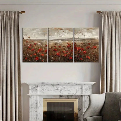 3pcs Abstract Landscape Art Red Poppies Metal Print Ready to Hang Art