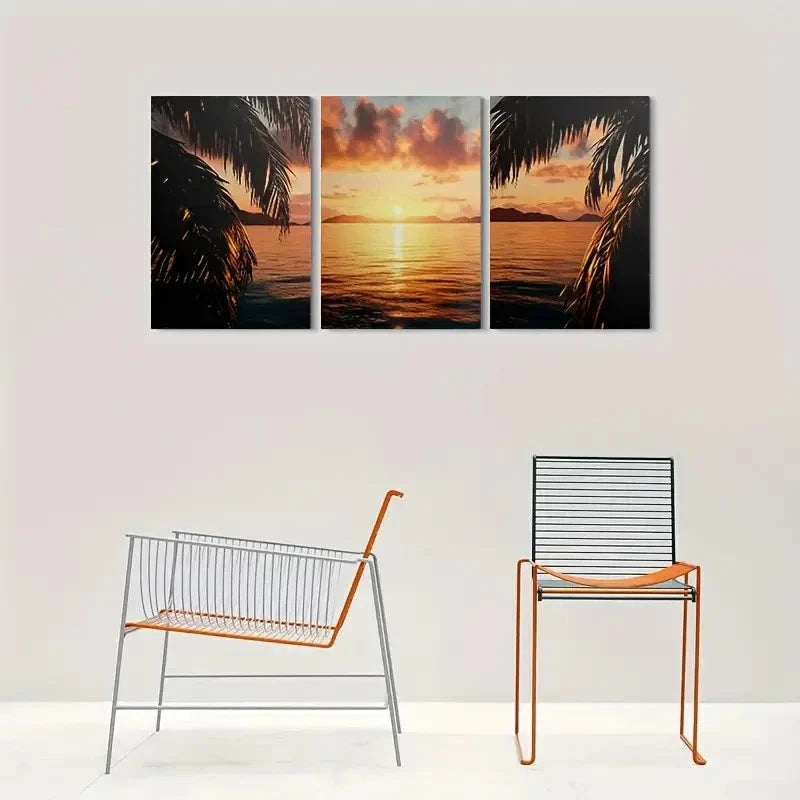 3pcs Vibrant Tropical Beach Scene Sunset Metal Print Ready to Hang Art