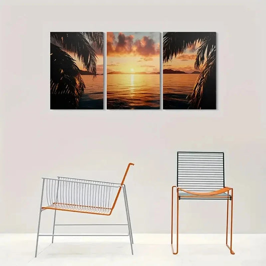 3pcs Vibrant Tropical Beach Scene Sunset Metal Print Ready to Hang Art