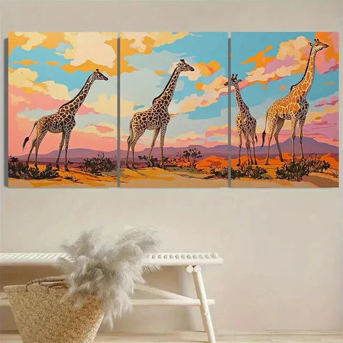 3pcs Giraffes In The Desert Wall Art Set Canvas Unframed - High Quality Print 100% Australian Made Wall Canvas