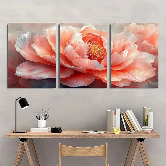 3pcs Peach colored Peony Abstract Wall Art Set Canvas Framed 40x60cm - High Quality Print 100% Australian Made Wall Canvas Ready to Hang