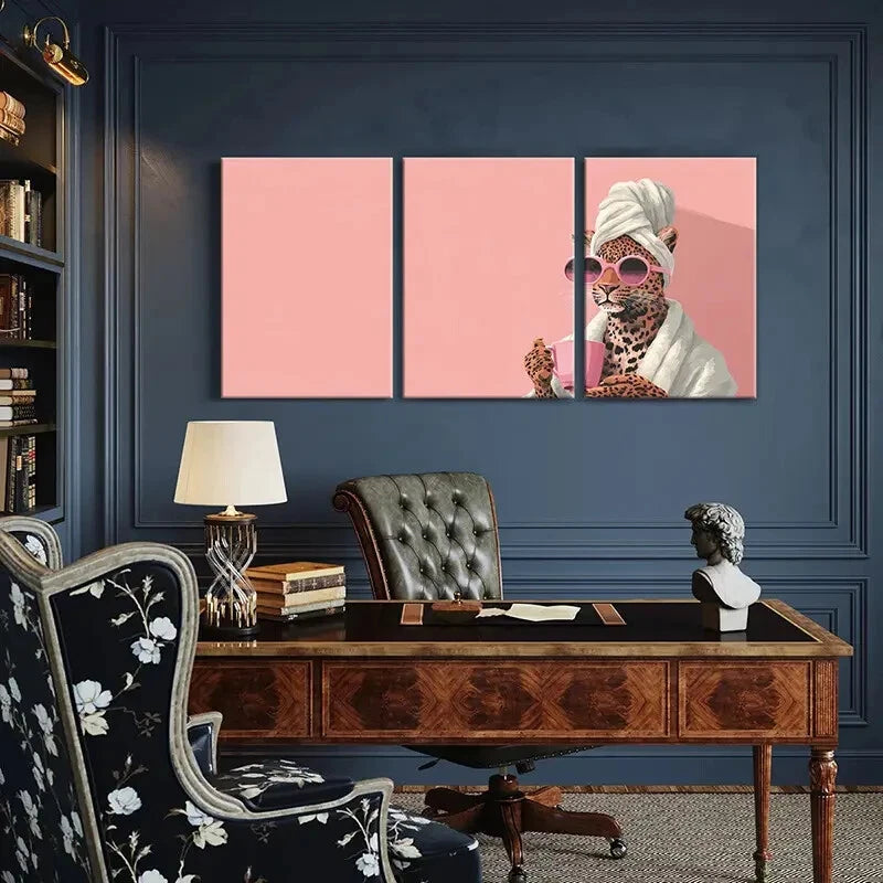 3pcs Artistic Leopard with Glasses Pink Mug Metal Print Ready to Hang Art