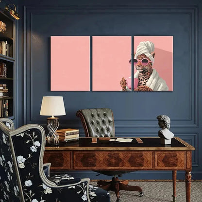 3pcs Artistic Leopard with Glasses Pink Mug Metal Print Ready to Hang Art