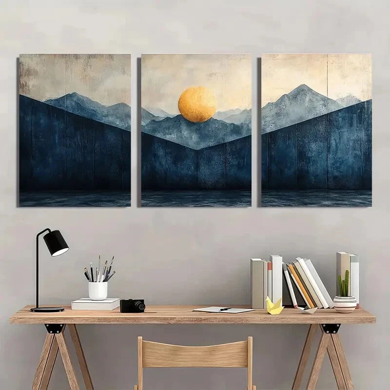3pcs Abstract Mountain and Sun Blue Pastel Design Metal Print Ready to Hang Art