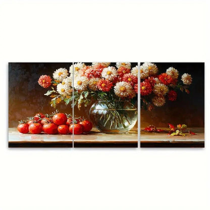 3pcs Chrysanthemums in a Glass Vase with Tomato Wall Art Set Canvas Framed 50x70cm - High Quality Print 100% Australian Made Wall Canvas Ready to Hang