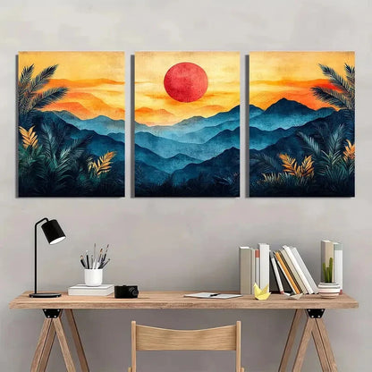 3pcs Palm Leaf Geometric Landscape Abstract Shape Metal Print Ready to Hang Art