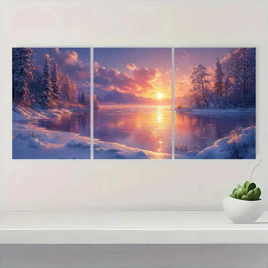 3pcs Serene Frozen Lake & Snowy Forest Metal Print Ready to Hang Art