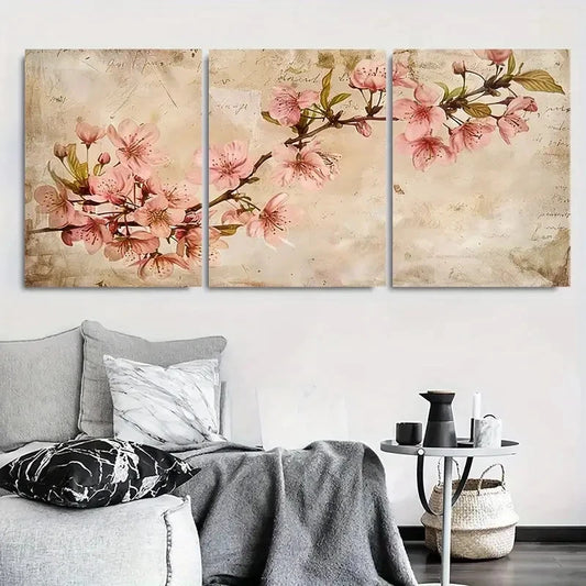 3pcs Cherry Blossom Branch Vintage Metal Print Ready to Hang Art