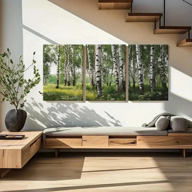 3pcs Birch Forest Lush Green Foliage Wall Art Set Canvas Framed 40x60cm - High Quality Print 100% Australian Made Wall Canvas Ready to Hang