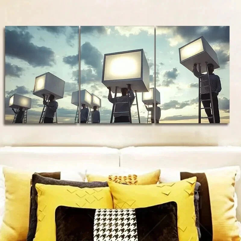 3pcs Modern Film Set Design with Lifting Lights Wall Art Set Canvas Framed 50x70cm - High Quality Print 100% Australian Made Wall Canvas Ready to Hang