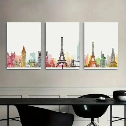 3pcs Skyline of Famous Landmarks Painting Metal Print Ready to Hang Art