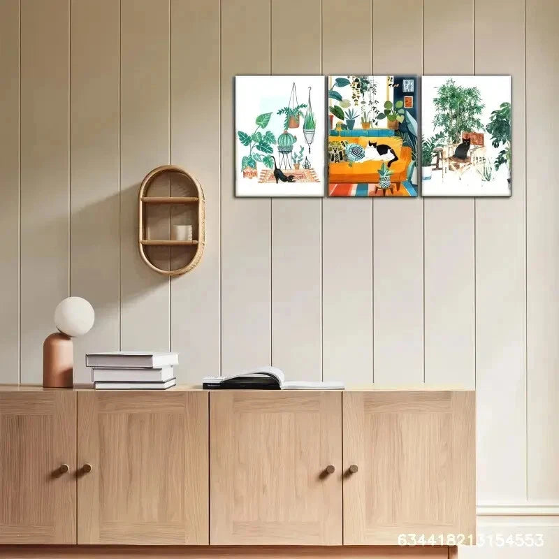 3pcs Cat and Plant Art Decoration Poster Metal Print Ready to Hang Art