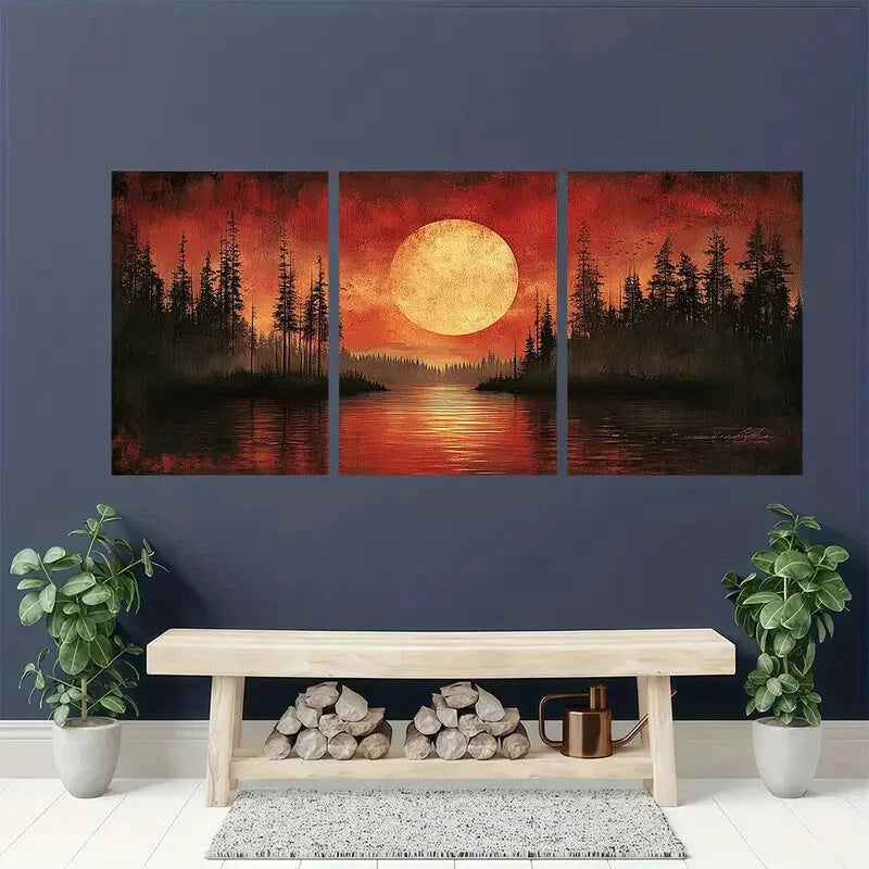 3pcs Vibrant Red Sunset with Pine Trees Lake Scene Metal Print Ready to Hang Art