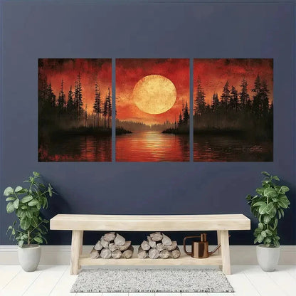 3pcs Vibrant Red Sunset with Pine Trees Lake Scene Metal Print Ready to Hang Art