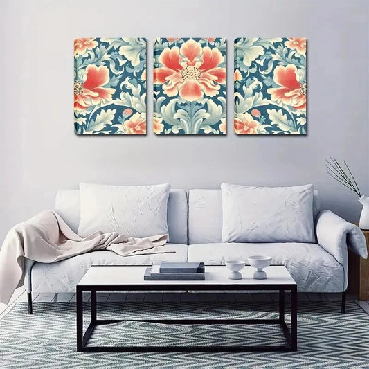 3pcs Pink Flowers With Blue Leaves Perfect Wall Art Set Canvas Framed 40x60cm - High Quality Print 100% Australian Made Wall Canvas Ready to Hang